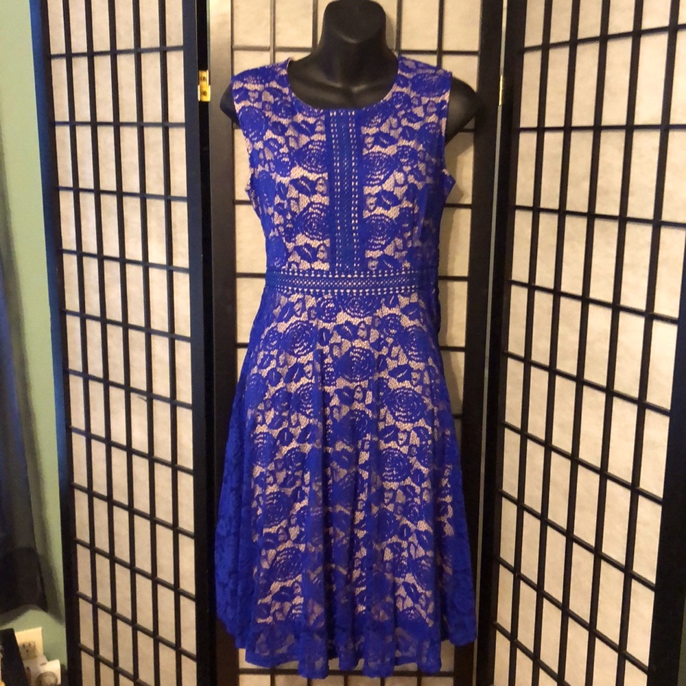 NWT: Bright Blue Sleeveless Lace Dress 👗 w/Nude slip liner & zip back